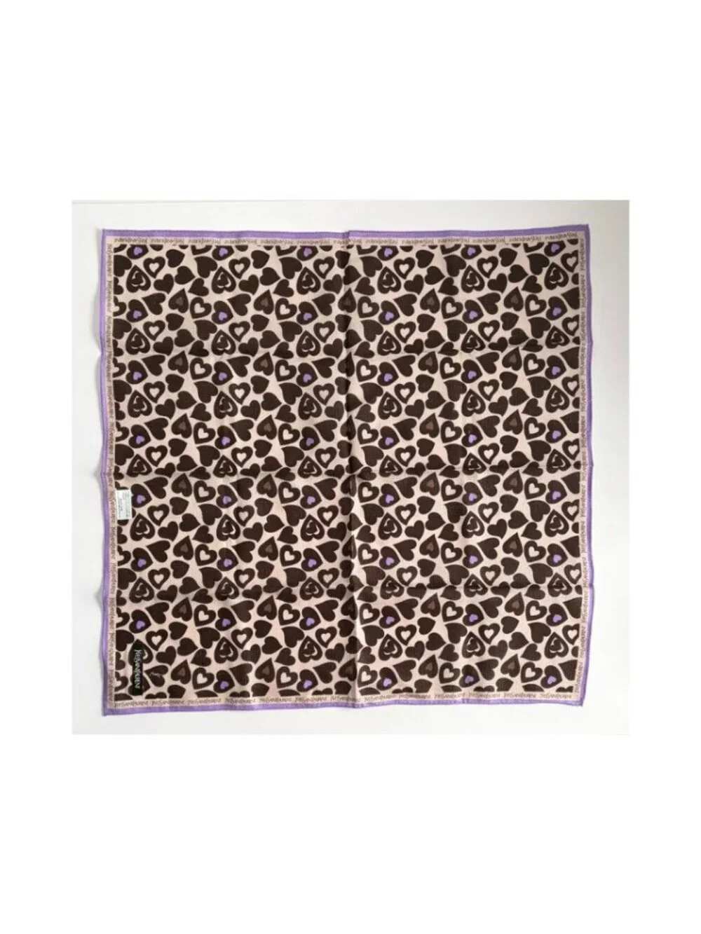 YSL Yves Saint Laurent Heart Print Square Scarf Bandana Lavender Brown NWOT
